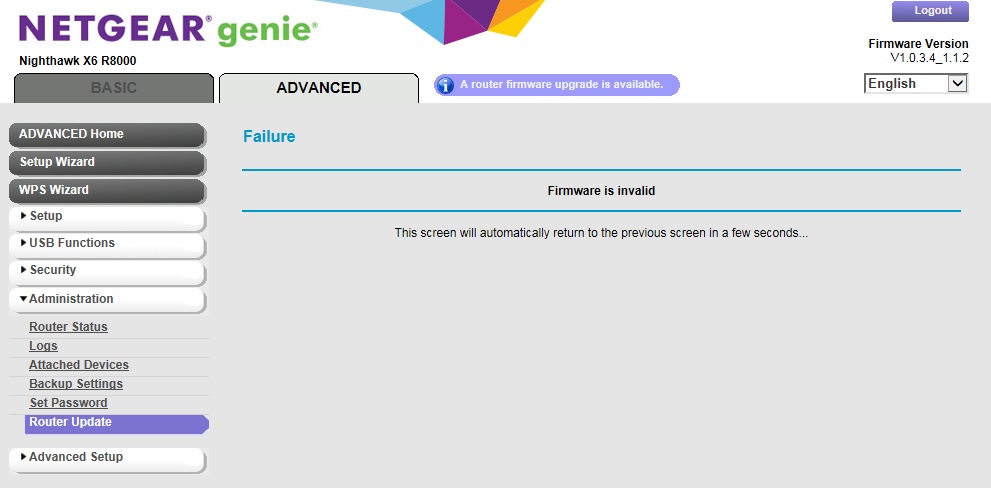 Solved: Nighthawk X6 R8000 Router Firmware Update Issue - NETGEAR  Communities
