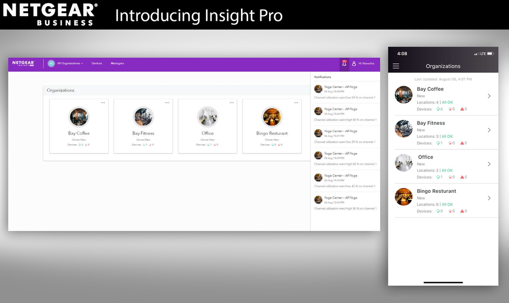 Screenshots of NETGEAR Insight Pro for Desktop and Mobile