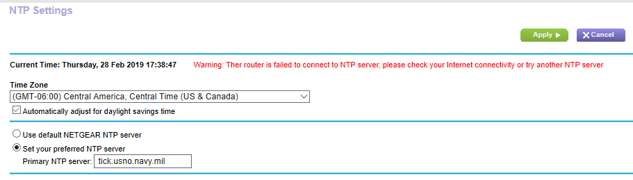 Solved: Loss of internet after 'Time synchronized with NTP... - NETGEAR  Communities