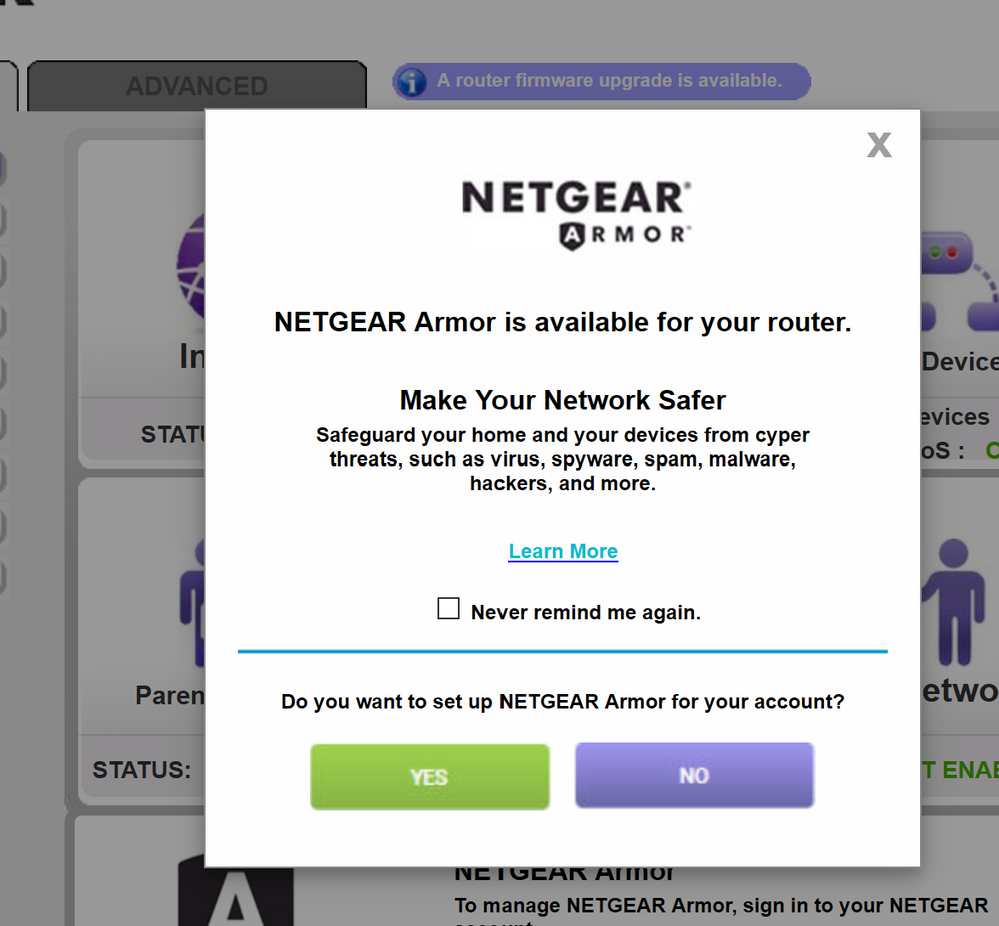 Screenshot of Netgear Armor prompt with typos