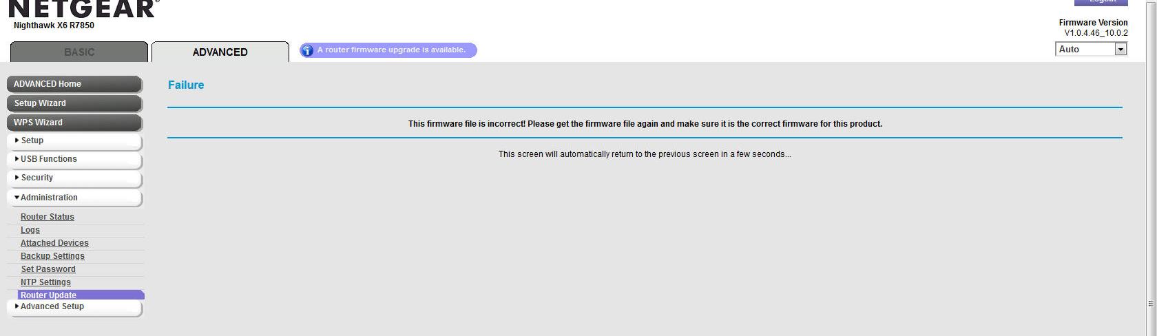 X6 R7850 Can't Update Firmware | NETGEAR Communities