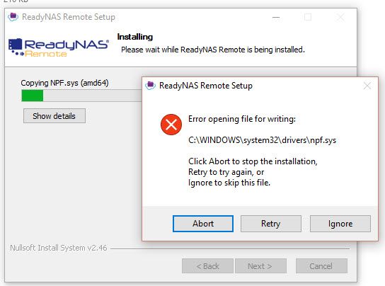 Cannot install ReadyNAS remote -dowloaded version May1- on Win10 : can ...