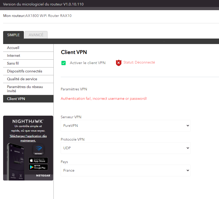 Erreur d'authentification
