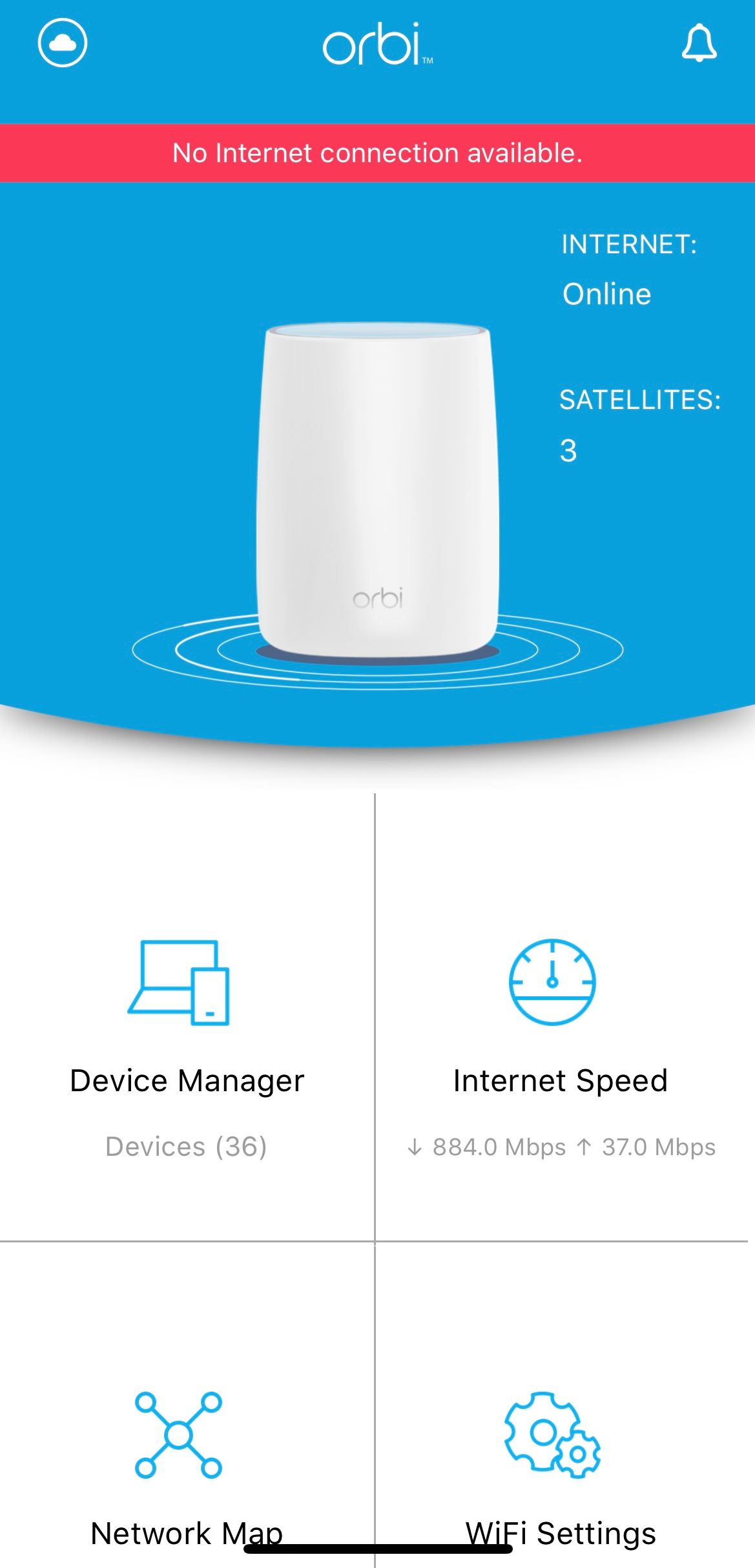 Orbi RBR50 has GREAT internet connection, yet Orbi App displays 