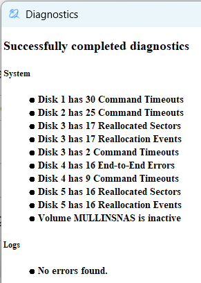 Screen shot of Diagnostic report
