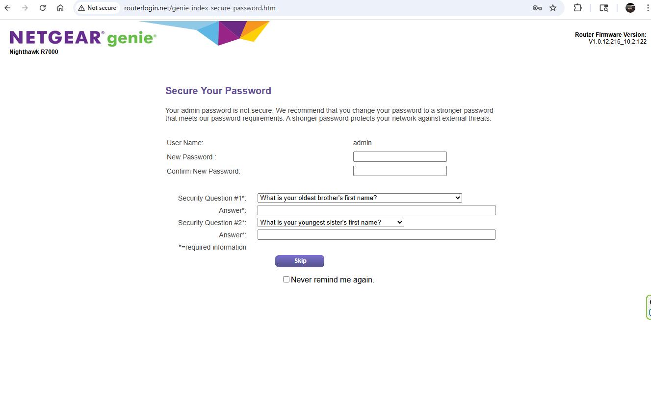 R7000 updated demands password change but won't continue | NETGEAR ...